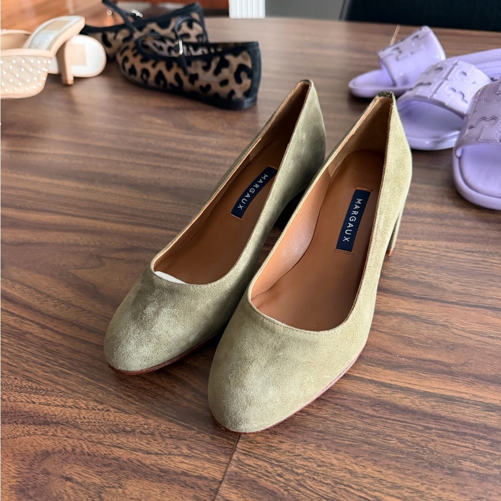 Margaux Olive Suede Block Heel Pumps Size 35 Handmade Spain